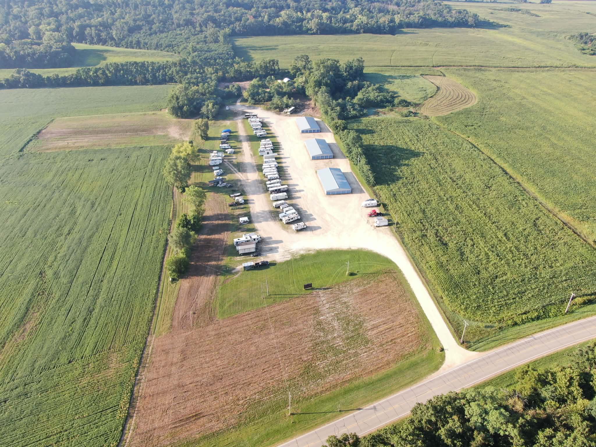 Aerial view of the storage property, buildings, and outdoor lot.